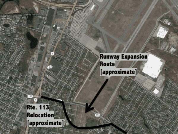 Approximate locations of runway expansion and relocation of Main Avenue. CREDIT: Google Maps. Illustration by Joe Hutnak