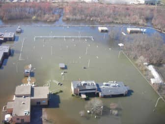 An aerial view of the flooded Warwick Waste Water Treatment Plant.