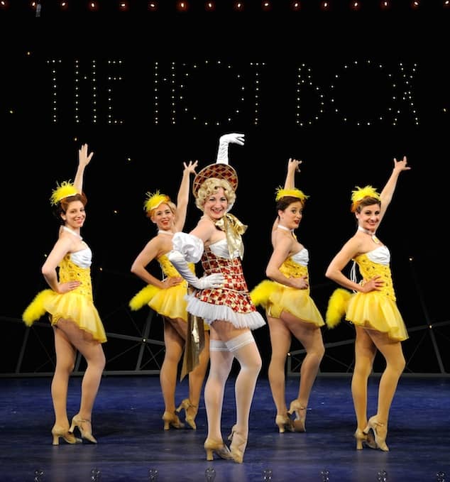 Katie Clark (center) as Adelaide performs “A Bushel and a Peck” with the Hot Box Girls portrayed by (from left) Alexis Berlinger, Desirée Justin, Laure Gemelli and Maria LaRossa in the popular Tony® Award-winning musical comedy, Guys and Dolls, being presented at Ocean State Theatre in Warwick through July 29. CREDIT: Ocean State Theatre