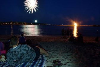 [CREDIT: Mary Carlos] George Nippo with his wife, Loida Minchez and their twin daughters, Mina and Raquel, 2, while watching Warwick's 2014 Fourth of July fireworks from the Warwick City Park beach.