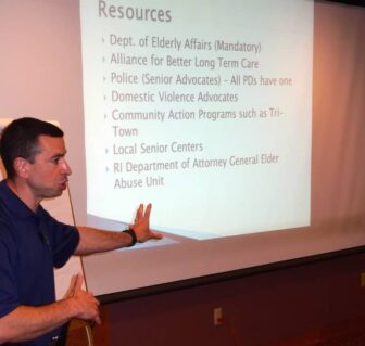 Warwick Police Officer Stephen Lombardi addressing the Rhode Island State Victim Assistance Academy, a project of Family Service of Rhode Island and Roger Williams University.  Officer Lombardi was sharing his expertise on working with elderly victims. 