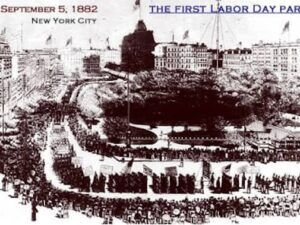 The first Labor Day parade, held Sept. 5, 1882, in New York City, is shown in this artist's rendering. CREDIT: U.S. Department of Labor