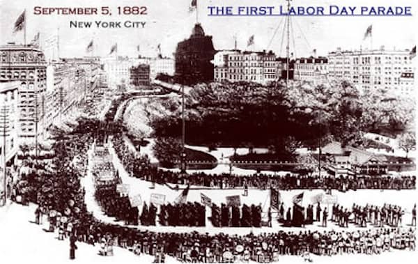 The first Labor Day parade, held Sept. 5, 1882, in New York City, is shown in this artist's rendering. CREDIT: U.S. Department of Labor