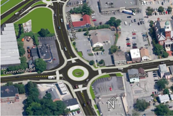 Artist's rendering of one of the planned rotaries for Apponaug, with Centerville Road at bottom left. 