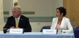 Mayor Scott Avedisian and primary challenger Stacia Petri during an Aug. 22 debate hosted by WJAR 10 and the Warwick Beacon.