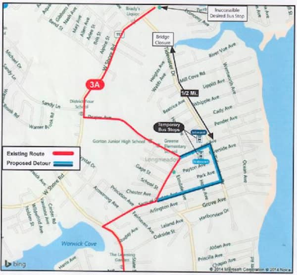 Map of the RIPTA Route 3A detour in Warwick Neck.