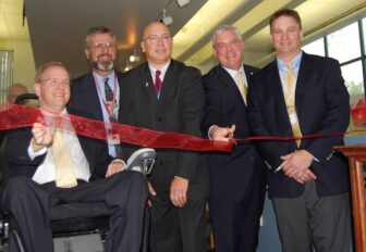 At the Steamship Historical Society Association Ribbon Cutting which took place on Oct. 16.  Pictured from left to right are: RI Congressman Jim Langevin, CDR Marc Cruder, USCG (RET), Steamship Historical Society Association Executive Director Matthew Schulte, Warwick Mayor Scott Avedisian, and Steamship Historical Society  Association Board President Erik Ryan.