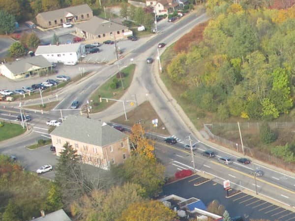 An overhead view of Centreville Road at Toll Gate Road in Apponaug.