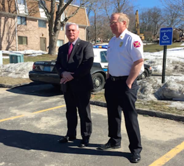 Mayor Scott Avedisian, left, and Fire Chief Edmund Armstrong speak at a press conference on March 12 to discuss the aftermath of the fire at Westgate Condominiums on March 11.