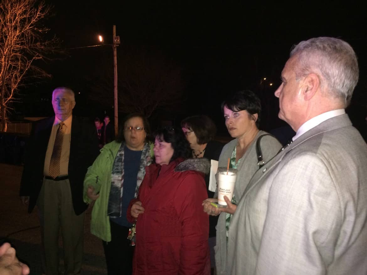 Warwick City Councilors, from left, Joseph Gallucci, Camille Vella-Wilkinson, President Donna Travis, Kathleen Usler, and Edgar Ladouceur gather outside City Hall following a bomb threat on Monday, April 6.