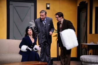 From left: Gerrianne Genga, Alexander Cook and Nick Gaswirth star as Maria, Saunders and Max in Ken Ludwig’s hilarious comedy, Lend Me a Tenor, being presented at Ocean State Theatre in Warwick through April 19. 