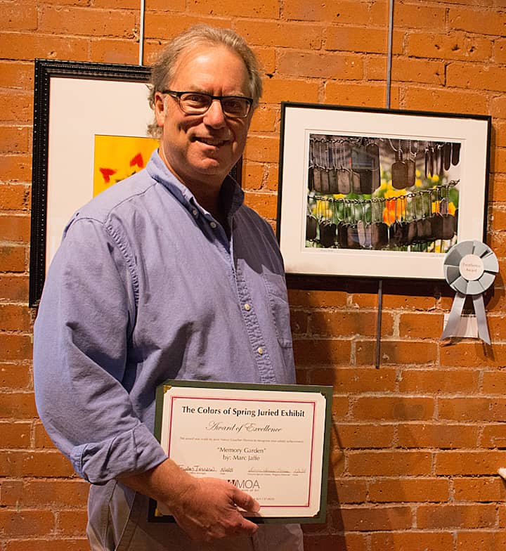 Marc Jaffe with his Exellence-Award winning work, "Memory Garden" at the Warwick Museum of Art Wednesday. 