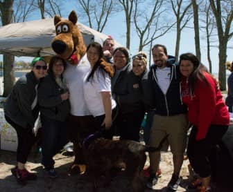Scooby Doo hangs out with employees and friends of the Diamond Hill Animal Clinic from Cumberland, RI.