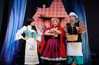 From left, Amanda Ryan Paige, Nicole Calkins and Tommy Labanaris star as the Baker’s Wife, Little Red Ridinghood and the Baker in Into the Woods at Ocean State Theatre.
