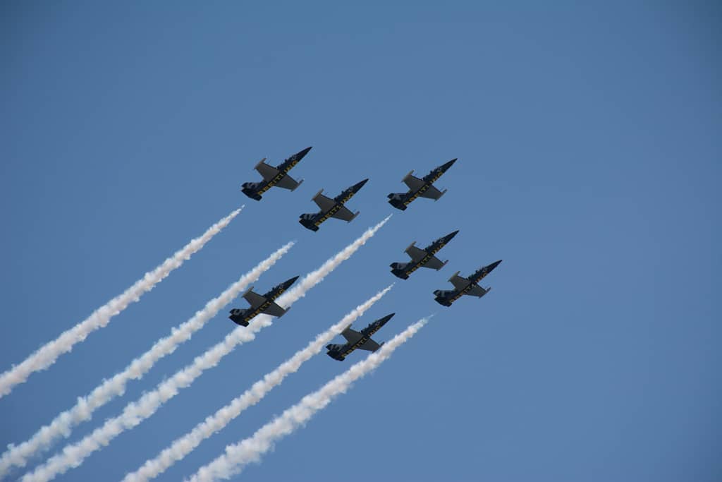 The Breitling Jet Team wow the 2015 RI Air Show crowd with a tight formation and contrails.