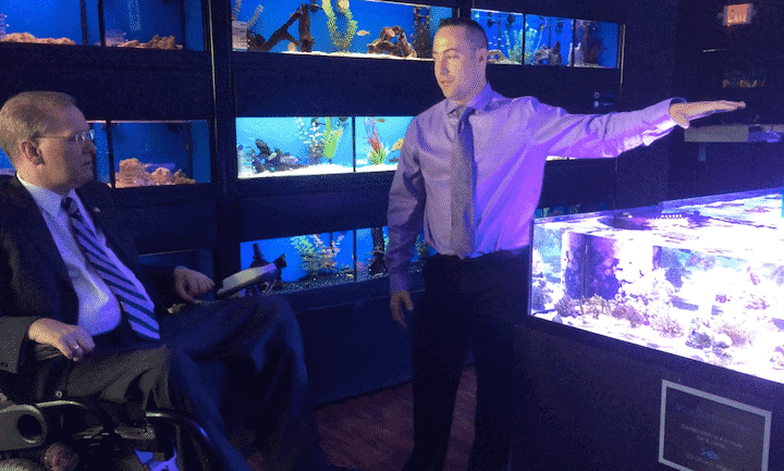Something Fishy owner Kurt Harrington explains the in-aquarium reproduction of corals to Congressman Jim Langevin May 8.