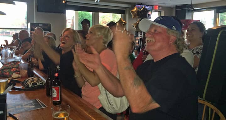 Robert Garvey, Julie Seguin and Linda Pilderian at Dave's Bar and Grill,  where patrons packed the house to watch the Warick Girls North in the Little League Softball World Series Aug. 18.
