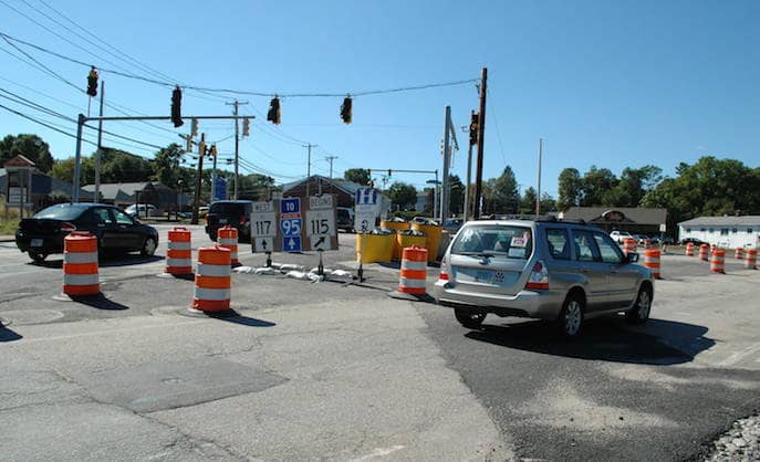 The Centreville Road intersection with Toll Gate Road, moving out of Apponaug toward Rte. 95.  Tolll Gate  Road will be taken down to gravel this week to prep for resurfacing Thursday.
