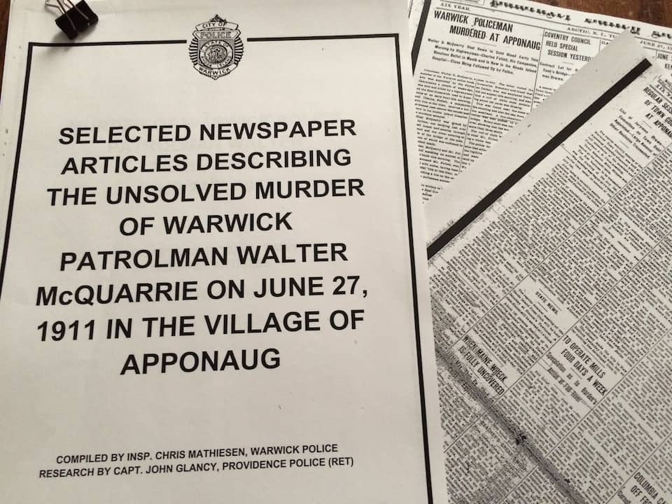 A collection of newspaper articles, among many of the documents compiled in Inspector Christopher Mathiesen's report on the death of Warwick officer Walter McQuarrie in 1911. Mathiesen is searching for a photo of McQuarrie. 