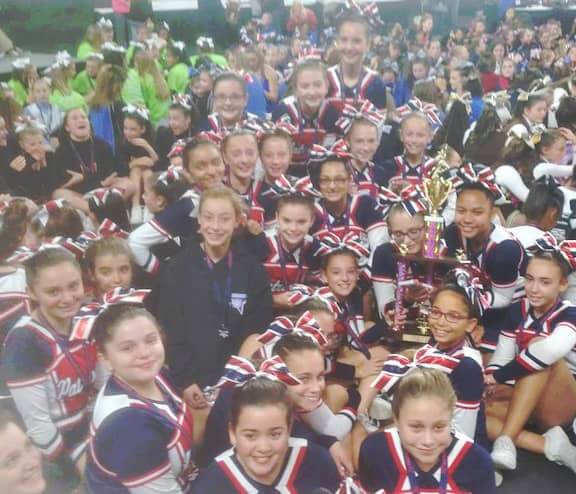 The Warwick PAL Patriots Jr. Cheerleaders after their regional championship win at    the Mass Mutual Center in Springfield, MA.