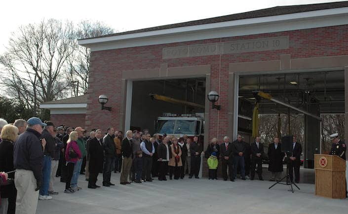 [CREDIT: Rob Borkowski] A crowd of about 80 gathered Monday at 1 p.m. for the grand opening of the Potowomut Fire Station on Potowomut Road.