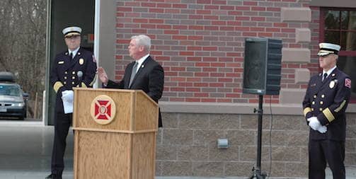 [CREDIT: Rob Borkowski] Mayor Scott Avedisian offered remarks during the grand opening of Potowomut Fire Station Monday.