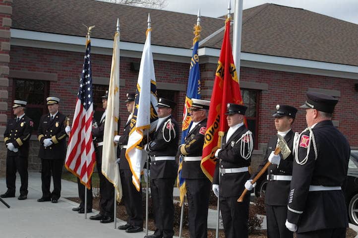 [CREDIT: Rob Borkowski] The WFD Color Guard at the grand opening of the new Potowomut Fire Station on Potowomut Road.