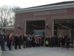 [CREDIT: Rob Borkowski] A crowd of about 80 gathered Monday at 1 p.m. for the grand opening of the Potowomut Fire Station on Potowomut Road.