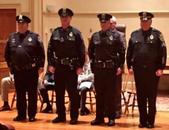 [CREDIT: WPD] From left, Sgt. Tom Snow, Officer Chris Lo, Officer Steve Major and Officer Jim Michailides receive the Life Saving Award. In May 2015, as a team, they worked together to talk down a suicidal female from jumping off the Greenwich Avenue overpass onto Rte. 95.