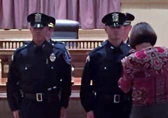 [CREDIT: WPD] New Officers, Brian Fontaine and Gregory Accinno, are sworn in as Probationary Officers.