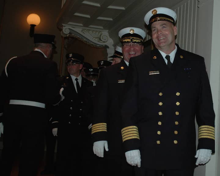 [CREDIT: Rob Borkowski] From left, Asst. WFD Chief David Morse and WFD Chief James McLaughlin wait for the awards ceremony to begin at Warwick City Hall Jan. 27.