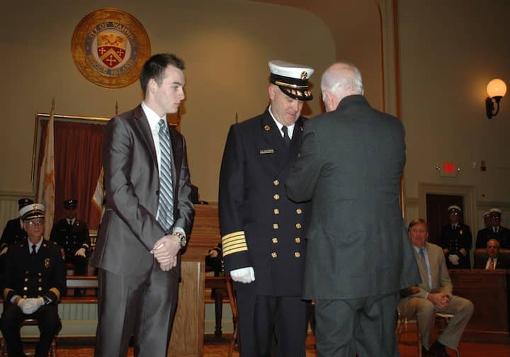 [CREDIT: Rob Borkowski} Chief James McLaughlin was pinned by his son and father Jan. 27 at City Hall
