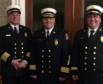 [CREDIT: WFD] From left, retiring WFD Chief Edmund Armstrong, new Chief James McLaughlin and new Assistant Chief David Morse.