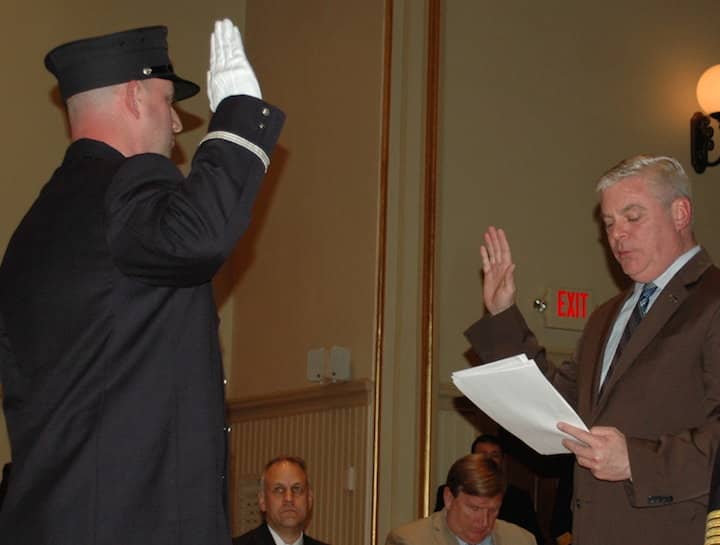 [CREDIT: Rob Borkowski] Scott Iamarone is sworn in as Lt. by Mayor Scott Avedisian. 