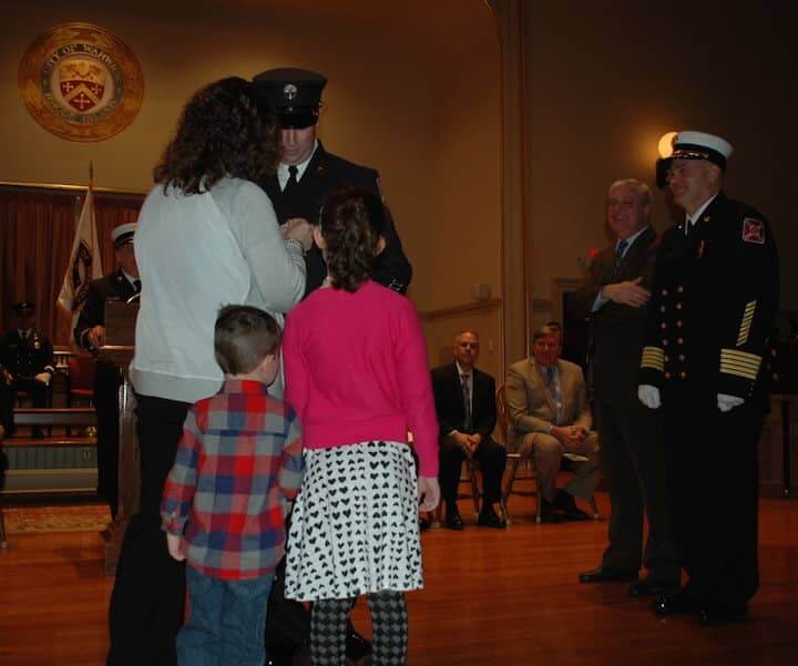 [CREDIT: Rob Borkowski] Scott Iamarone is pinned as Lt. by his wife, Sheila and their children.