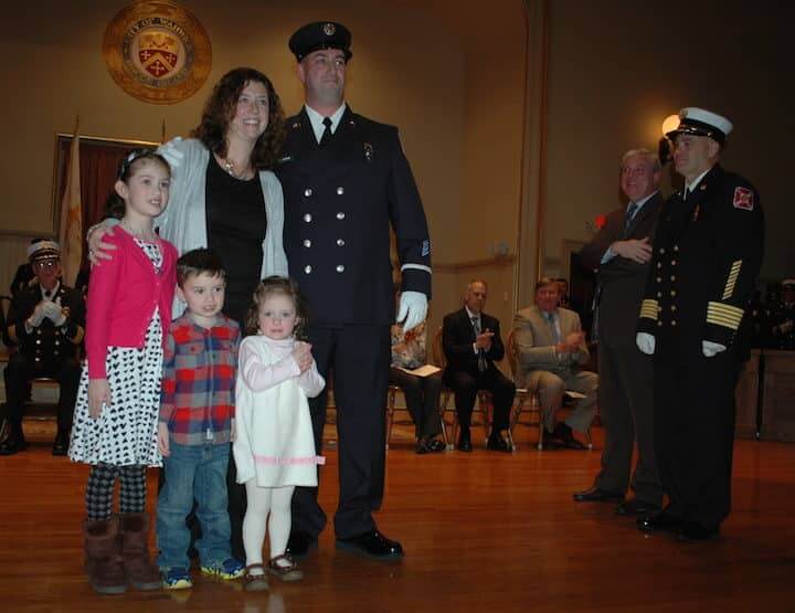 [CREDIT: Rob Borkowski] New WFD Fire Lt. Scott Iamarone with his wife, Sheila and their children.