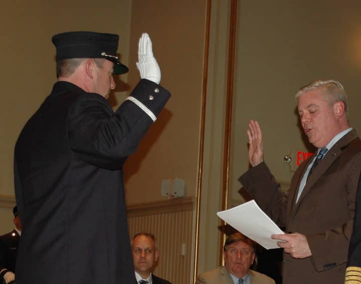 [CREDIT: Rob Borkowski] Dan DeRobbio is sworn in as WFD Lt. by Mayor Scott Avedisian.