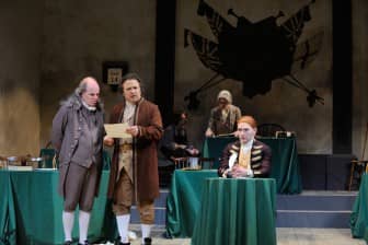 [CREDIT: Mark Turek] Mark S. Cartier, Lou Ursone and Roger Reed star as Ben Franklin, John Adams and Thomas Jefferson in the Tony® Award-winning musical, about the birth of American Independence, 1776, being presented at Ocean State Theatre in Warwick through March 13. 