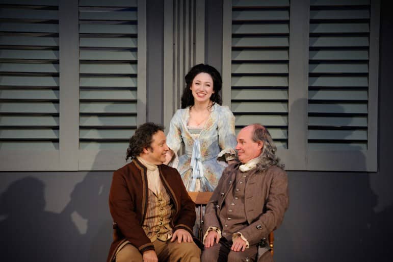 [CREDIT: Mark Turek] (from left) Lou Ursone, Sarah Pothier and Mark S. Cartier portray John Adams, Martha Jefferson and Ben Franklin in 1776 at Ocean State Theatre.