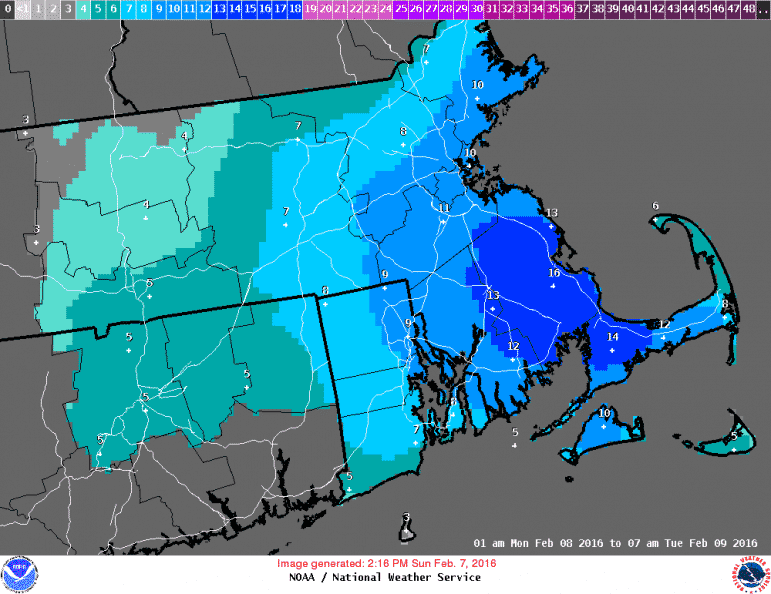 [CREDIT: National Weather Service] The NWS's chart of the most likely snowfall amounts during Monday's snowstorm. 