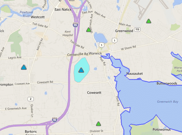 [CREDIT: National Grid] National Grid's Power Outage Map shows two outages, marked in blue triangles, to the left near Quaker Lane where 130 are without power, and near Cowesett Road where 389 are without power.