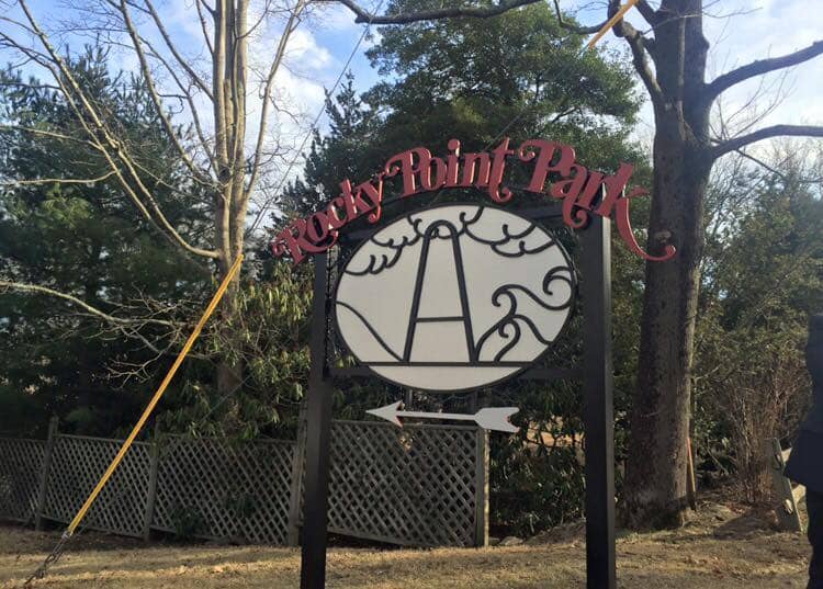 [CREDIT: Mayor Avedisian's Office] Rocky Point Park's new sign at the entrance to the park at the intersection of Warwick Neck and Rocky Point Avenues.