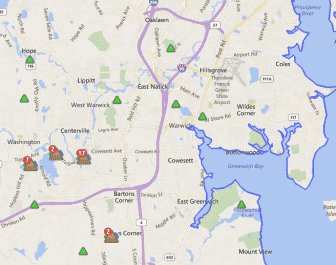[CREDIT: National Grid] A view of the power outage map for Warwick and the surrounding area as of 3:45 a.m. Sunday.