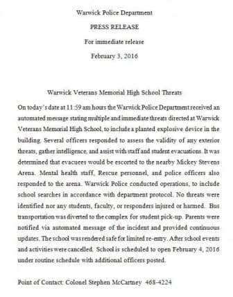 A news release providing details of the Jan. 3 police response to a bomb threat at Warwick Veterans High School.