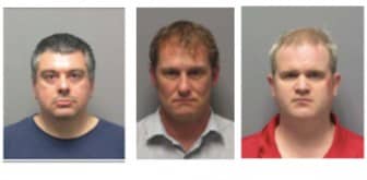 [CREDIT: Cranston Police] Three of four Warwick men arrested in a prostitution sting led by Cranston Police this week. From left, Peter Fidas, 42,of Parkside Drive, Jamie McNeil, 38, of Cindy Lane, Gary Hathaway, 41, of Pinnery Ave.