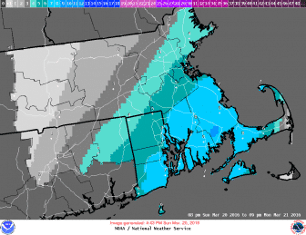 [CREDIT: National Weather Service] The National Weather Service predicts a snowstorm forecast to begin on Sunday will likely leave 5 to 6 inches of snow on the ground before ending Monday morning. 