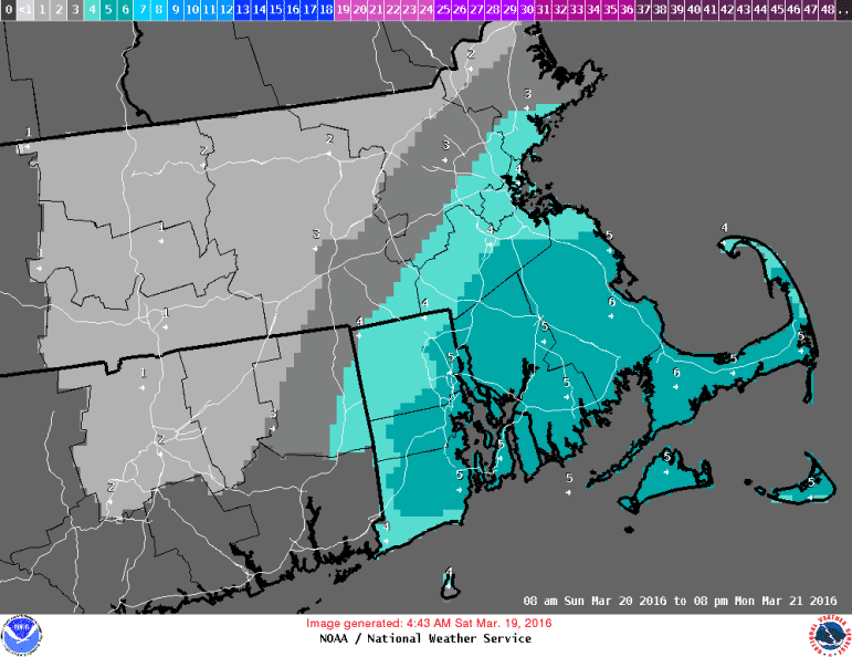 [CREDIT: National Weather Service] The National Weather Service predicts a snowstorm forecast to begin on Sunday will likely leave 5 to 6 inches of snow on the ground before ending Monday morning. 