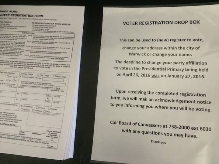 [CREDIT: Rob Borkowski] A drop box and blank voter registration forms are available at Warwick Police Headquarters in the lobby until 4 p.m. Sunday.