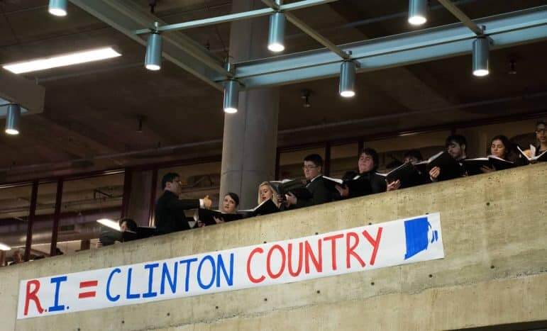 [CREDIT: Mary Carlos] A chorus from CCRI's Knight Campus greeted former President Bill Clinton Thursday.
