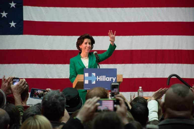  [CREDIT: Mary Carlos] Gov. Gina Raimondo introduced former President Bill Clinton Thursday at the college's Knight Campus in Warwick. 